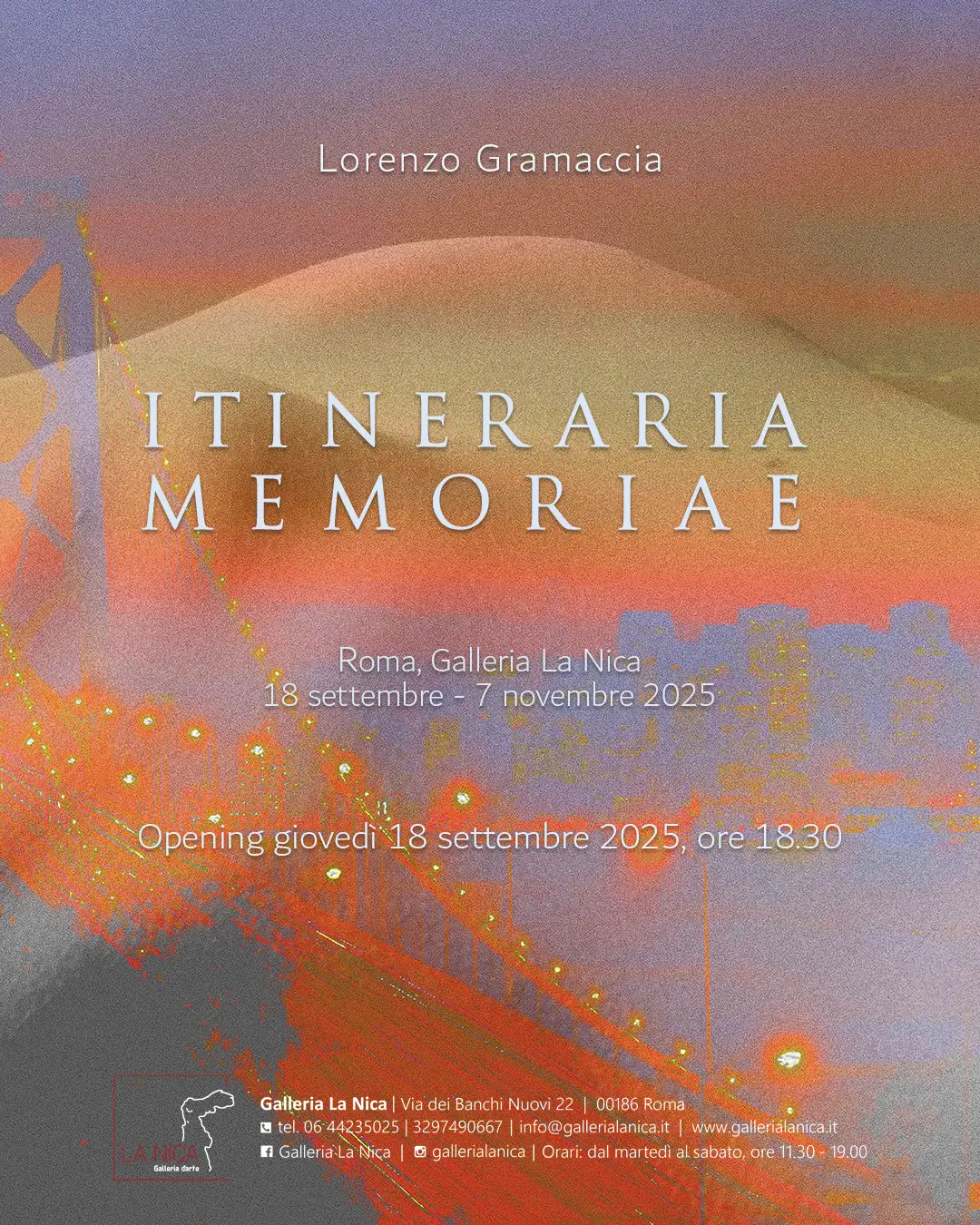 Locandina ufficiale di Itineraria Memoriae, mostra personale di Lorenzo Gramaccia presso la Galleria La Nica, Roma