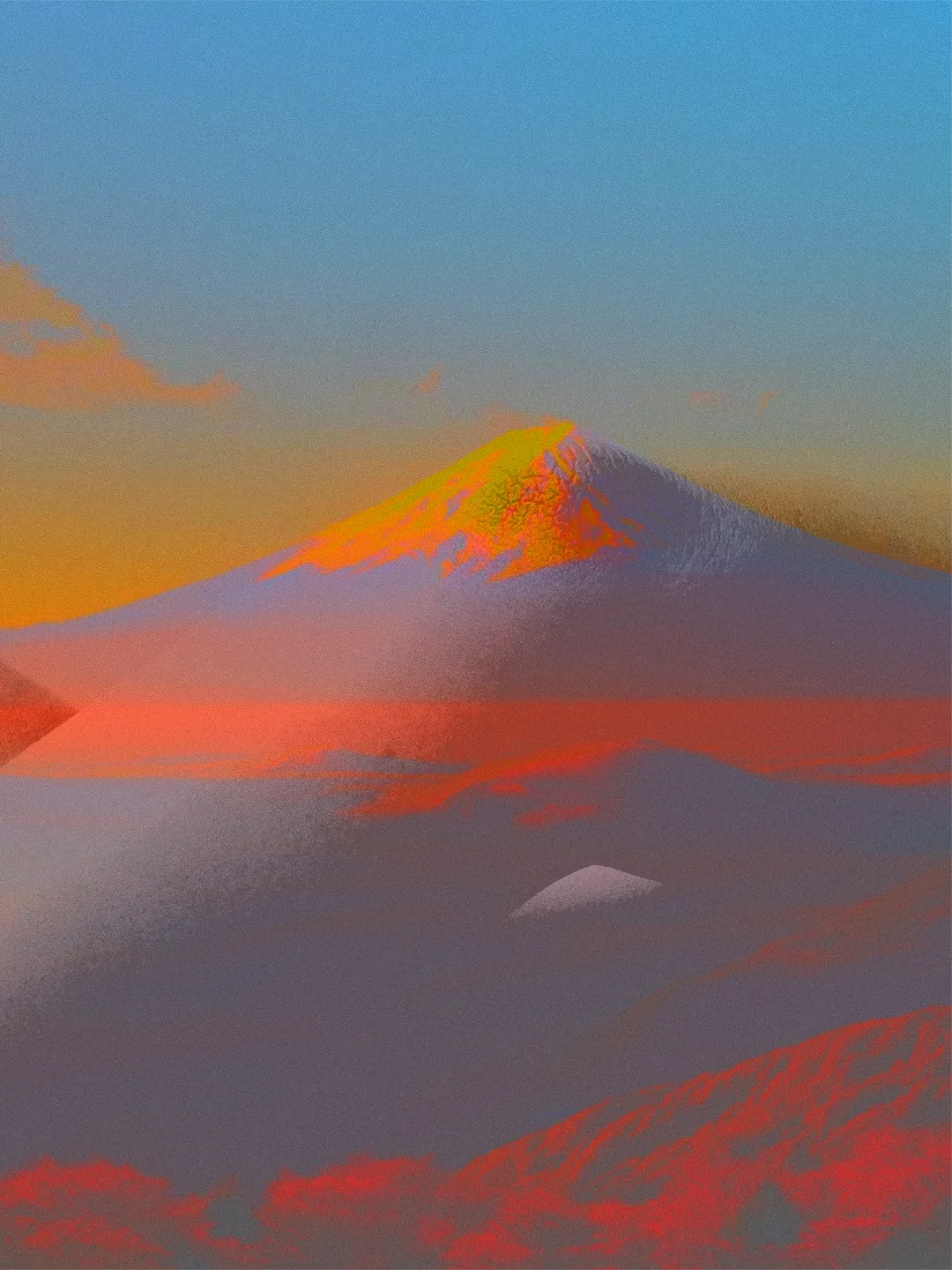 Sezione centrale di Hanami: la forma anatomica si trasforma in una vetta di montagna che ricorda il Monte Fuji, accesa da colori caldi e avvolta dalla luce del paesaggio