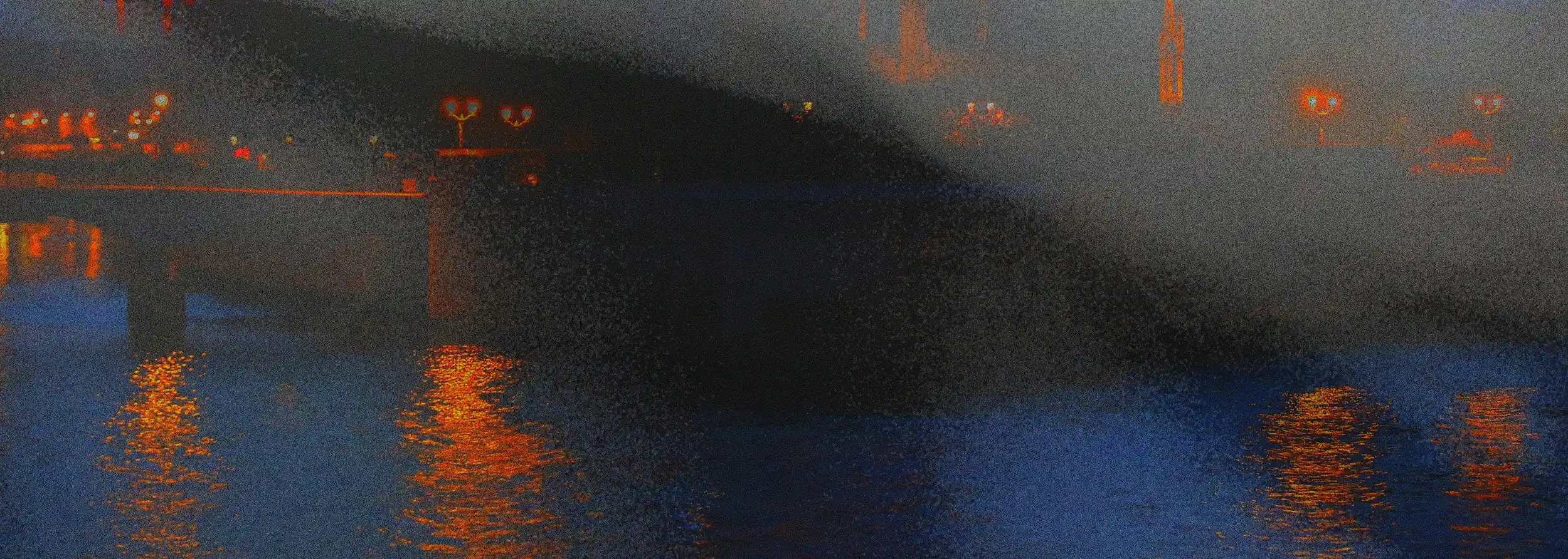 Visione d'insieme di Lumière sur la Seine: un'ombra anatomica attraversa diagonalmente il paesaggio notturno parigino, tra bagliori rossi e luci urbane