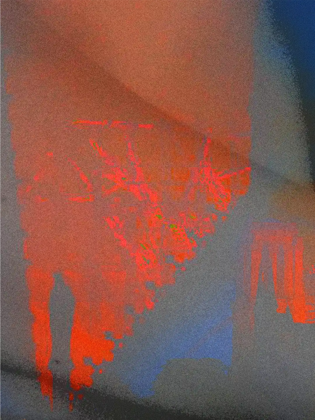 Sezione dell'opera Lumière sur la Seine: una netta ombra anatomica attraversa l'immagine, fondendo le silhouette del paesaggio notturno di Parigi con esplosioni di pigmento rosso e arancione