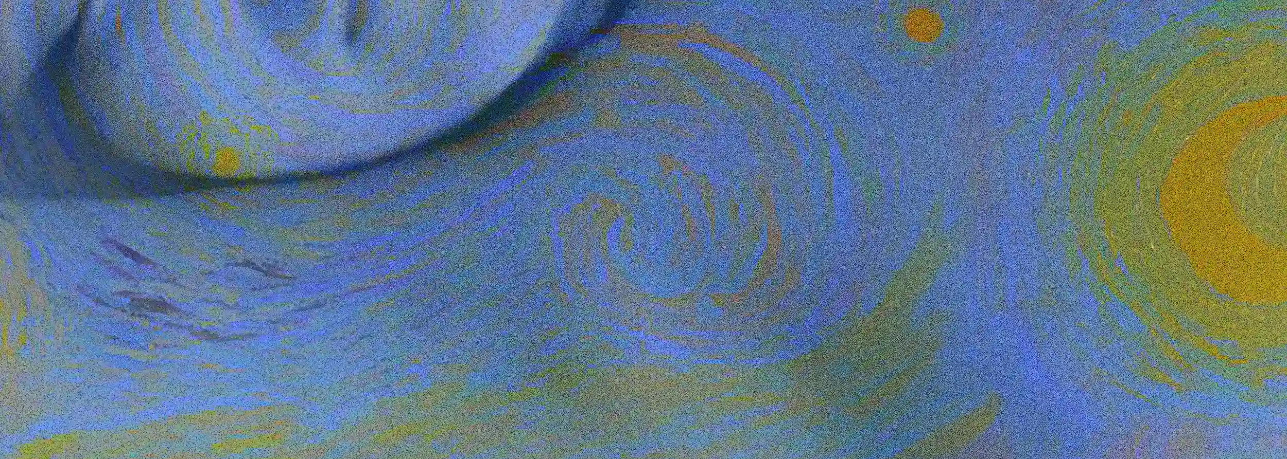 L'opera Notturno: le curve dell'anatomia si fondono con un paesaggio cosmico attraverso movimenti pittorici vorticosi sui toni del blu