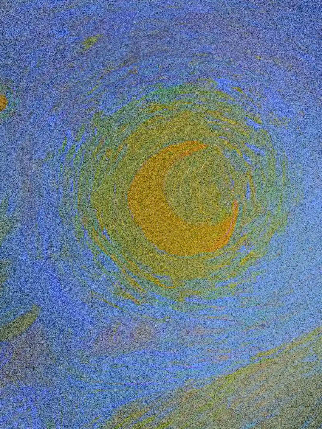 Macro dell'opera Notturno: stratificazione di tracce cromatiche che formano una mezzaluna dorata circondata da movimenti siderali