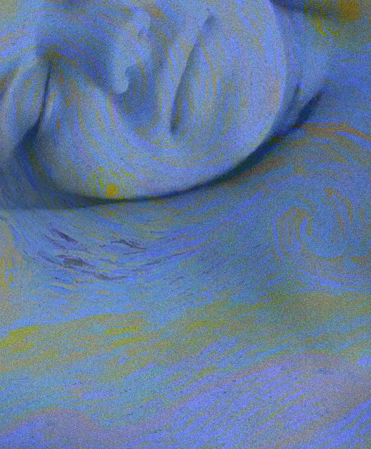 L'opera Notturno: le curve dell'anatomia si fondono con un paesaggio cosmico attraverso movimenti pittorici vorticosi sui toni del blu