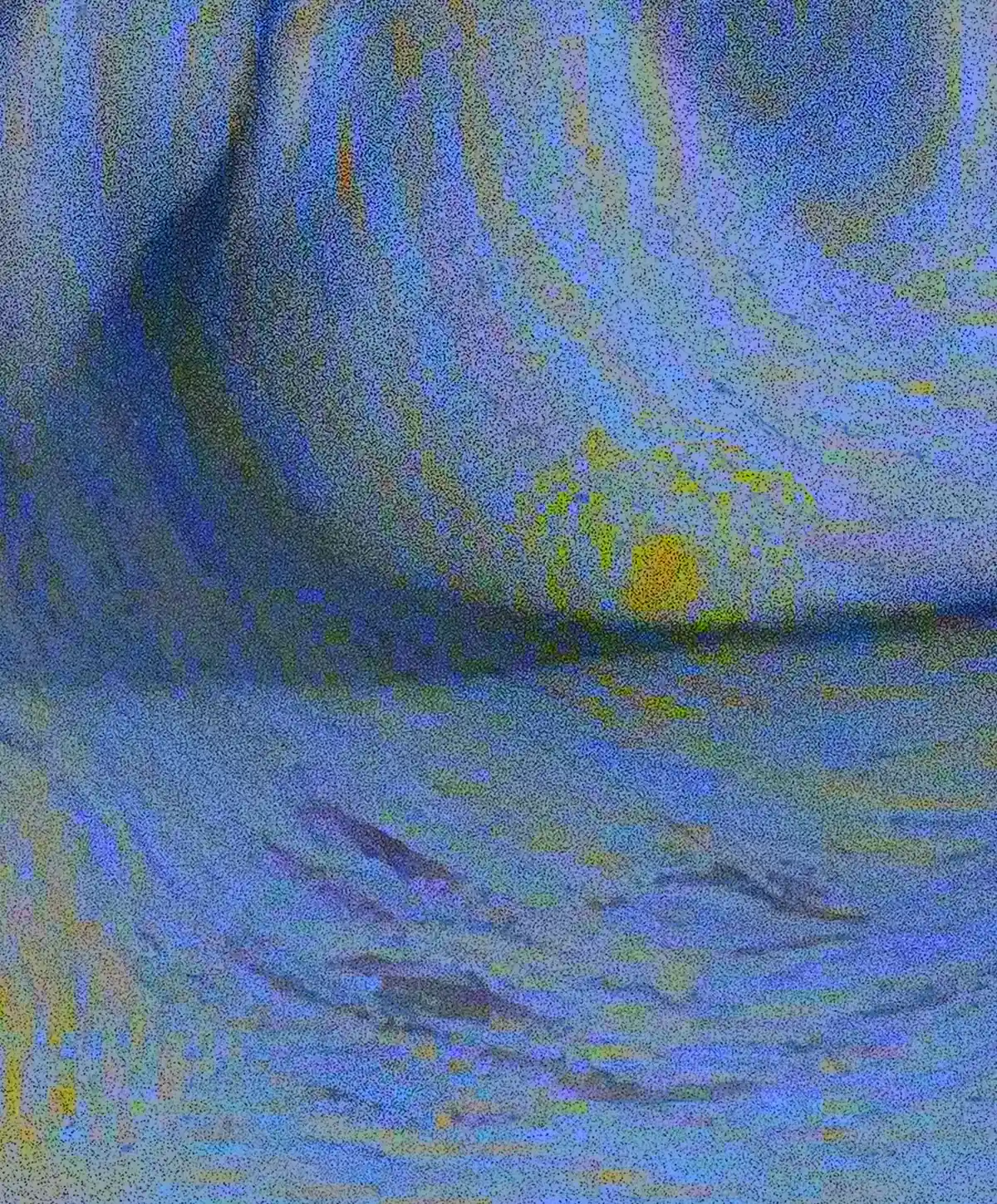 Dettaglio dell'opera Notturno: una profonda curva anatomica sfuma in un mare di pigmenti e segni grafici sui toni del blu