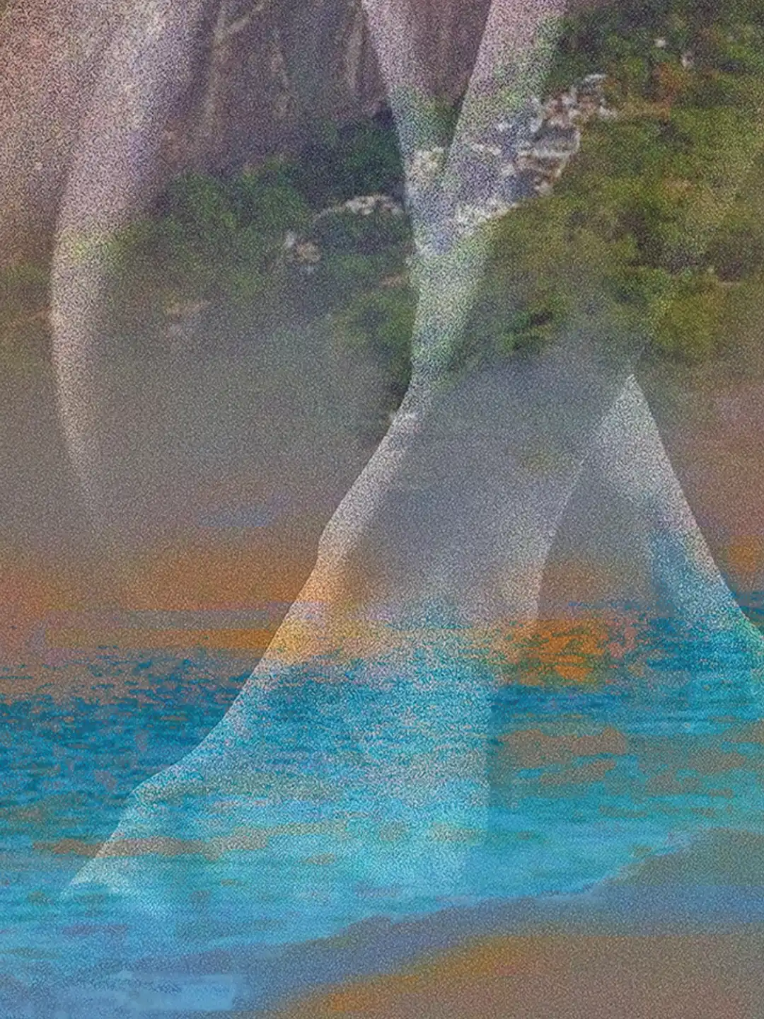 Dettaglio ravvicinato Saudade: la pittura digitale svela le gambe incrociate che sfumano nella foresta e nell'acqua