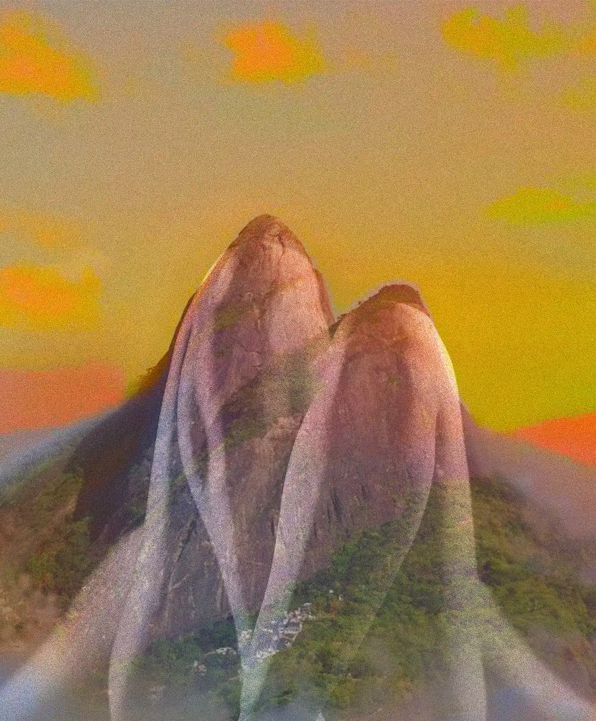 Visione di Saudade: opera d'arte a doppia esposizione che fonde un corpo femminile con il paesaggio del Morro Dois Irmãos al tramonto