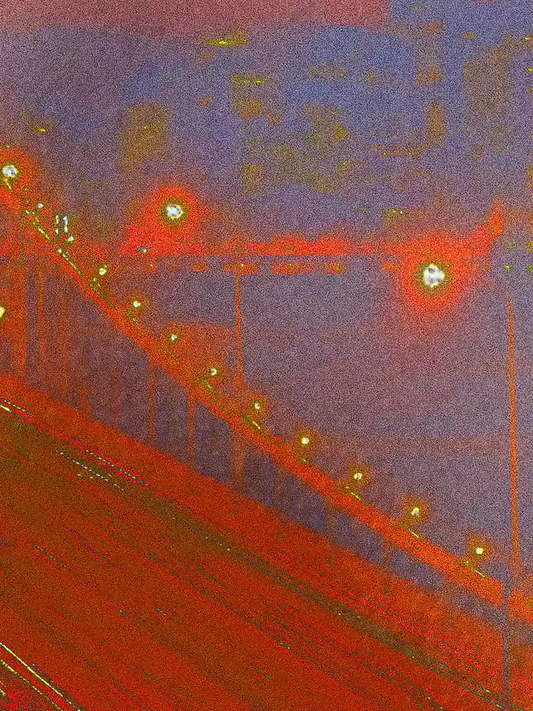 Detail of the artwork Vele dorate: the luminous diagonal of the suspension bridge cutting through the darkness, merging fiery red trails with the anatomical lines of the body below