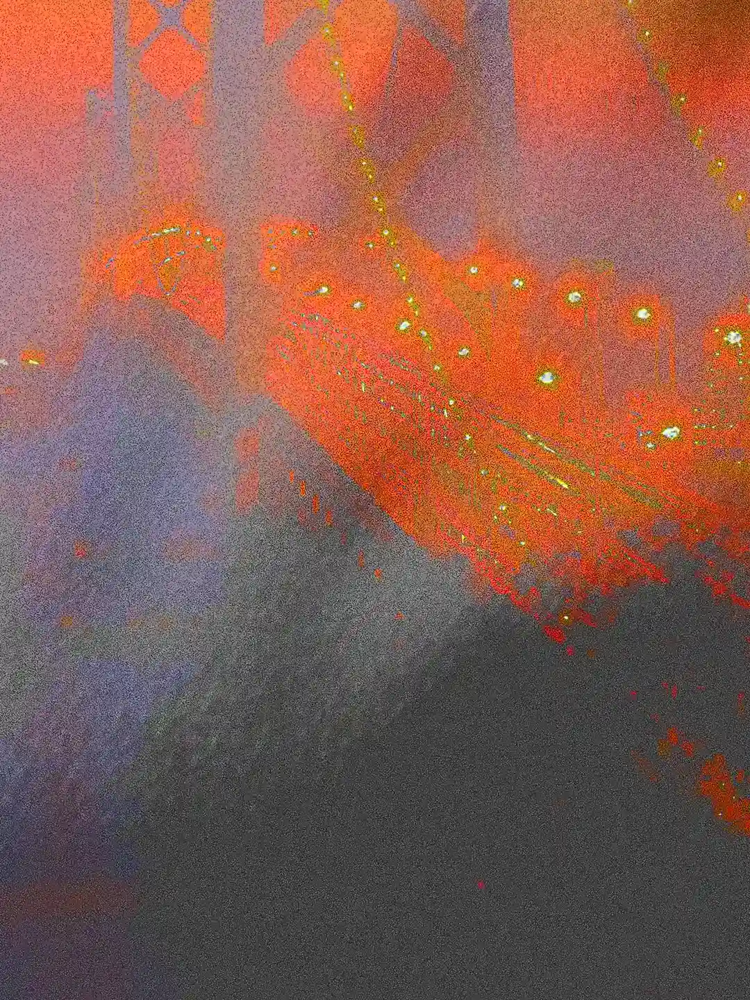 Macro detail in Vele dorate: the architecture of the bridge and its golden reflections overlapping and merging with human ribs in a striking surreal vision