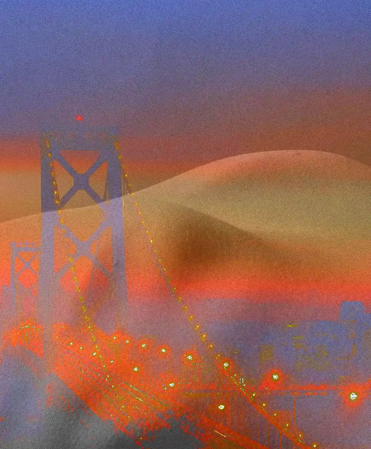 Vision of Vele dorate: the structure of the Bay Bridge overlaps the golden curve of a human abdomen in a surreal Californian sunset landscape