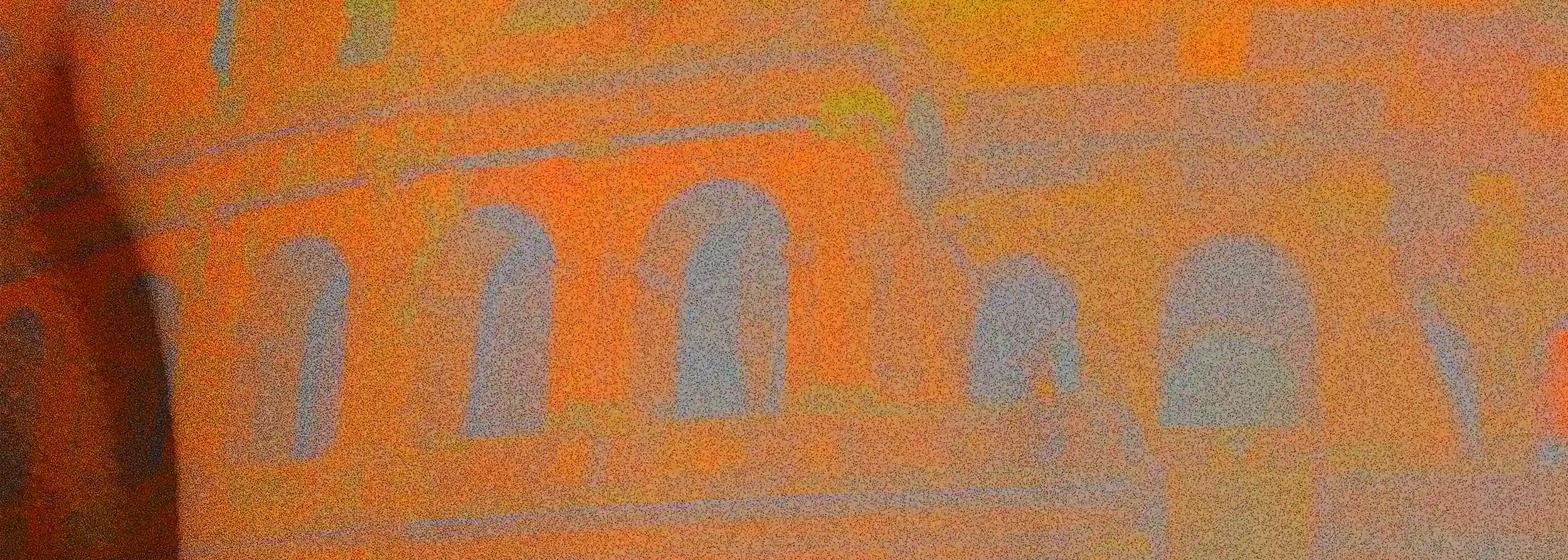 Close-up detail of the artwork Vestigia: the texture of the digital painting enhances the visual fusion between the warm shadows of the anatomy and the stone arches of the Colosseum