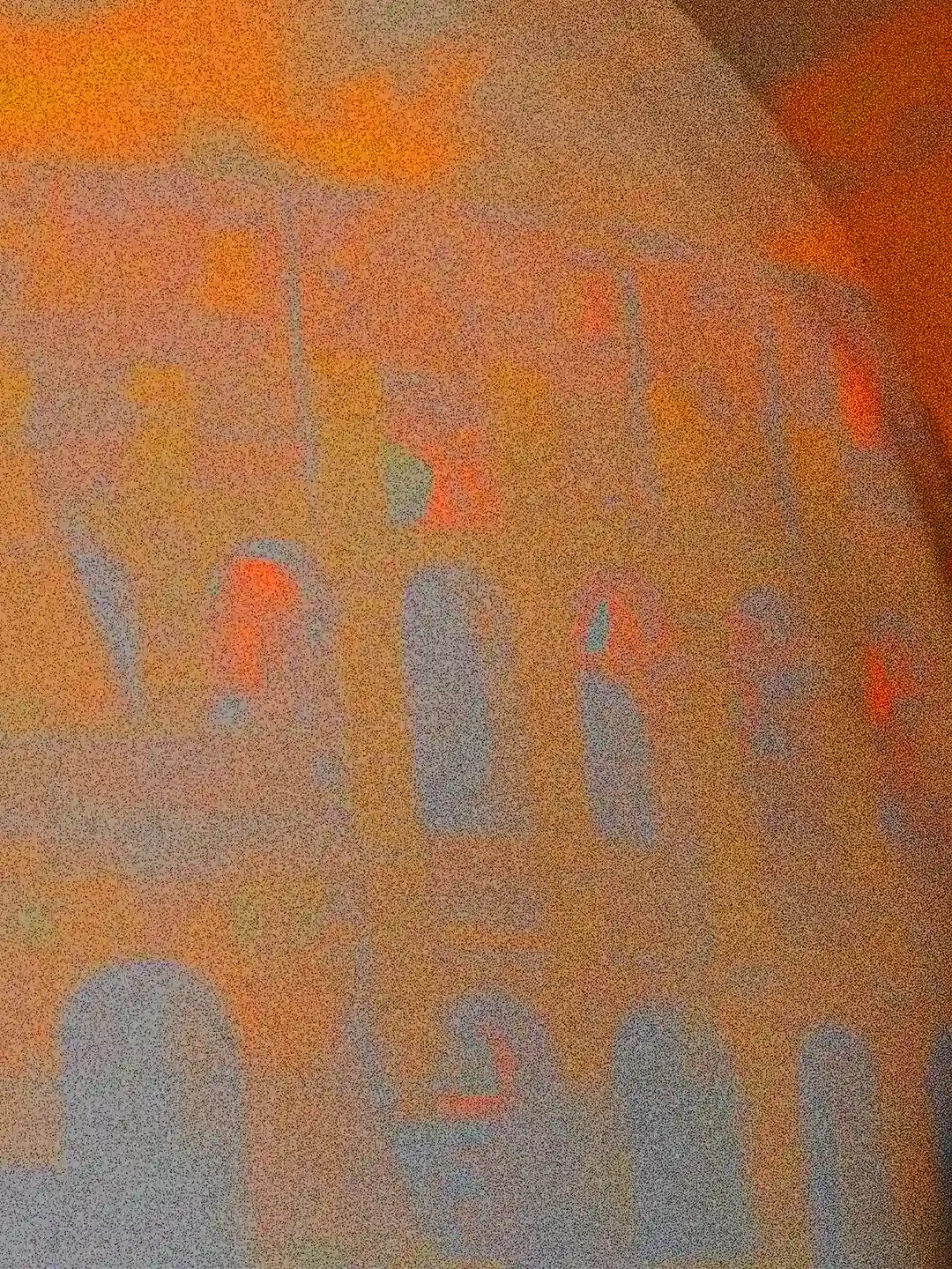 Abstract section of Vestigia: the rhythmic sequence of Roman arches imprinted on the skin, rendered through a dense digital painting texture in ochre and red tones